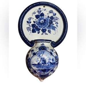 Vintage 1960s Norelco Delft Style Cobalt Blue White Wall 9” Ceramic Pocket Vase